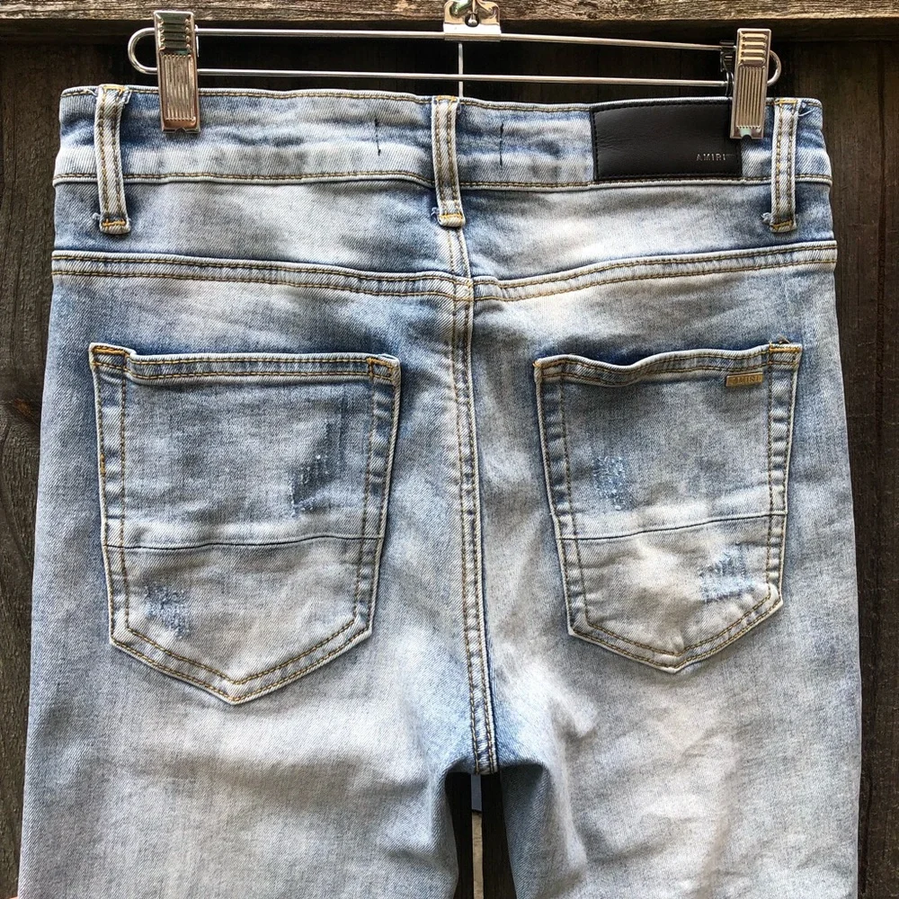 Amiri MX1 Jeans Distressed Ribbed Patchwork Size 29 Light Wash Skinny Stretch